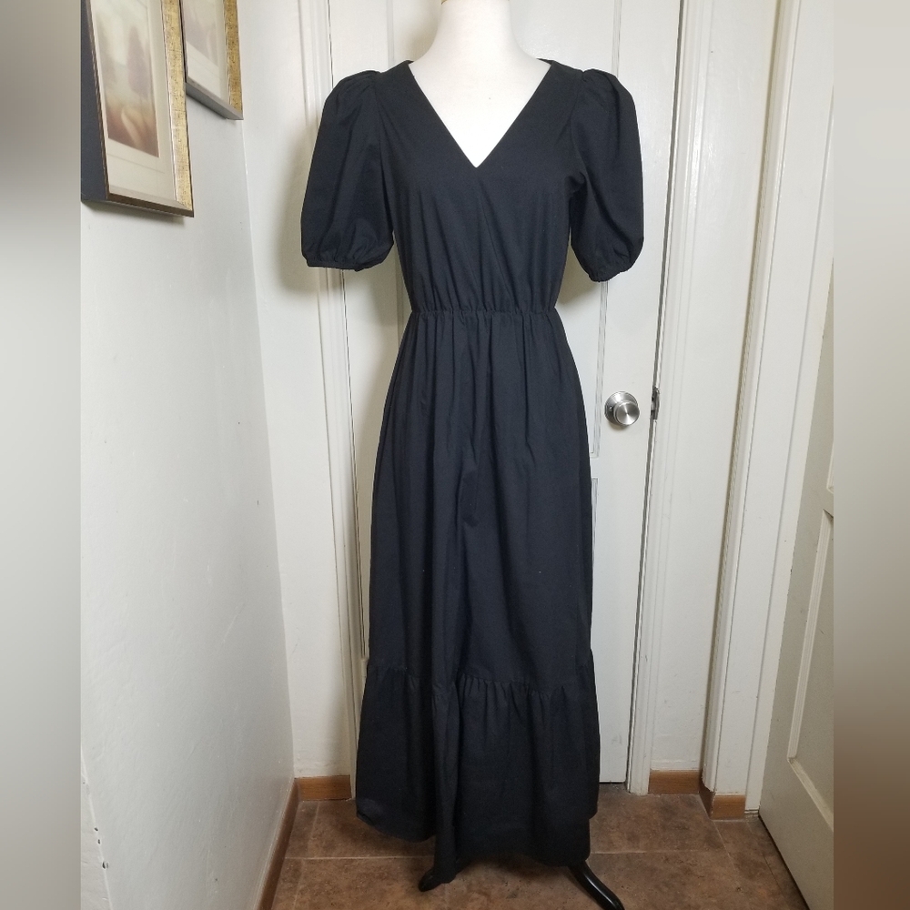 EXPRESS black Puff Sleeve V Neck  Elastic Waist Cotton Lined Maxi Dress S